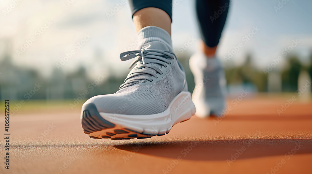 A person jogging on a running track during late afternoon, capturing the energy and motion of exercise through athletic footwear. A person jogging on a running track during late afternoon, capturing the energy and motion of exercise through athletic footwear.