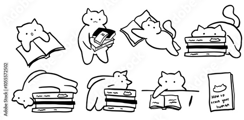 Cat x Book Set Illustration | Cute Minimalist Doodle Vector for Book and Pet-Themed Designs
