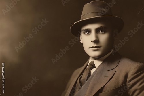 Vintage sepia-toned photograph of a beautiful married couple in elegance clothes, looking directly at the camera