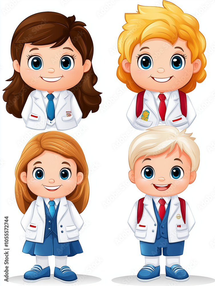 Four animated kids in lab coats smile brightly, embodying curiosity and the spirit of learning in a classroom setting Four animated kids in lab coats smile brightly, embodying curiosity and the spirit of learning in a classroom setting