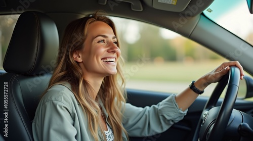 Woman joyfully driving a car with a big smile on her face.