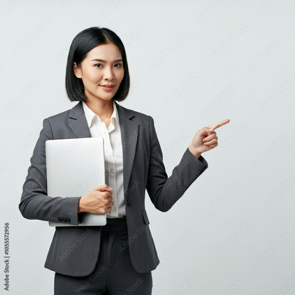 Asian businesswoman holding a laptop while pointing to the copy space beside her on isolated white background Asian businesswoman holding a laptop while pointing to the copy space beside her on isolated white background