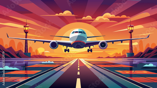 A commercial aircraft takes off from an airport runway under a bright and dramatic sky at sunset