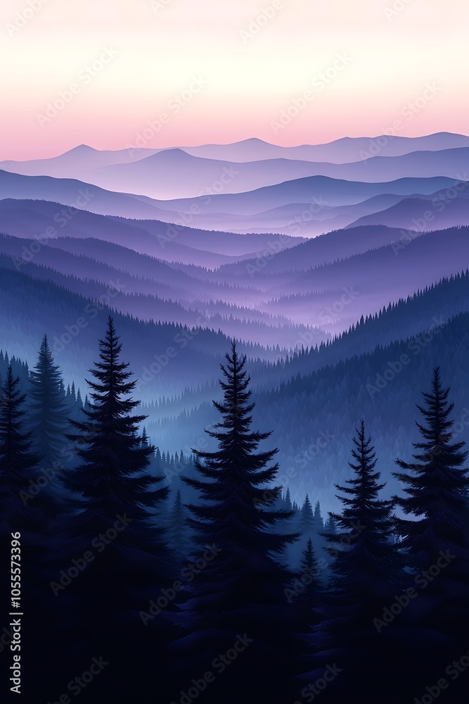 Fototapeta premium A breathtaking view of layered mountains at twilight, with dark silhouettes of evergreens in the foreground, showcasing beautiful purple and pink hues in the sky.