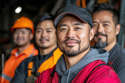 A group of construction workers poses together in a workshop during the late afternoon light