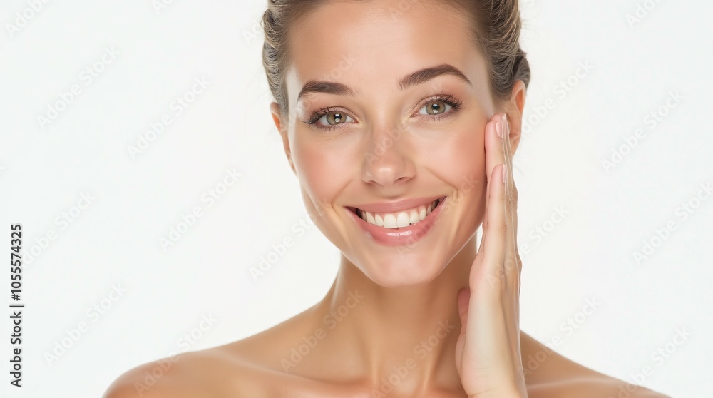 Woman smiling while touching her skin, embodying a skincare theme. Woman smiling while touching her skin, embodying a skincare theme.