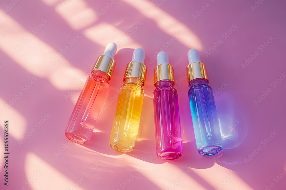 Top view of four glass serum dropper bottles with vibrant liquid colors on a soft pink surface, symbolizing skincare beauty routines.Generative ai