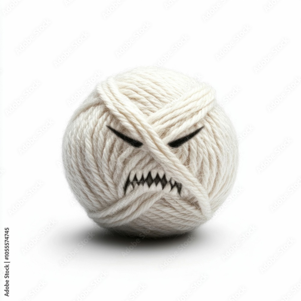 Angry Yarn Balls with Facial Expressions on White Background Angry Yarn Balls with Facial Expressions on White Background