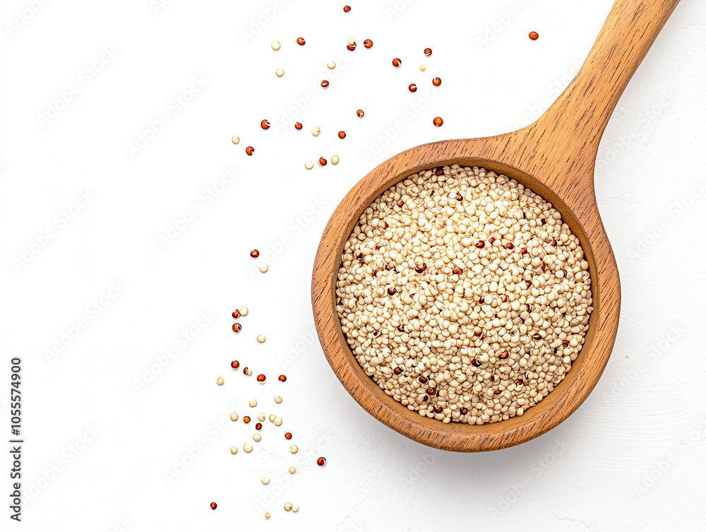 Quinoa seeds in wooden spoon on white background, showcasing their natural colors and textures. This nutritious grain is perfect for healthy meals and adds wholesome touch to any dish Quinoa seeds in wooden spoon on white background, showcasing their natural colors and textures. This nutritious grain is perfect for healthy meals and adds wholesome touch to any dish