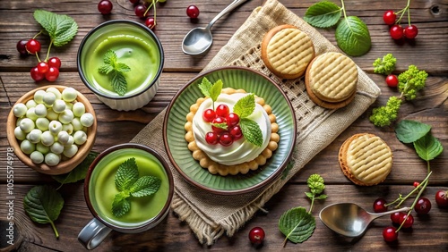 Vintage Mascarpone Cream Delight with Matcha Tea and White Currants