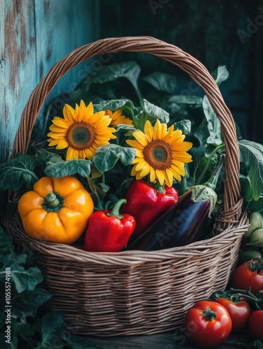 Vegetables and Sunflowers in Wicker Basket photo