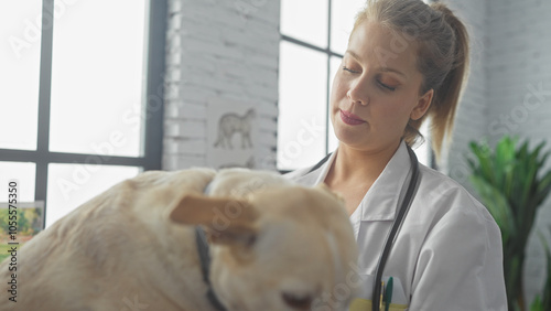 A caring woman veterinarian examining a dog in the clinic's white room, symbolizing compassion and pet healthcare. photo