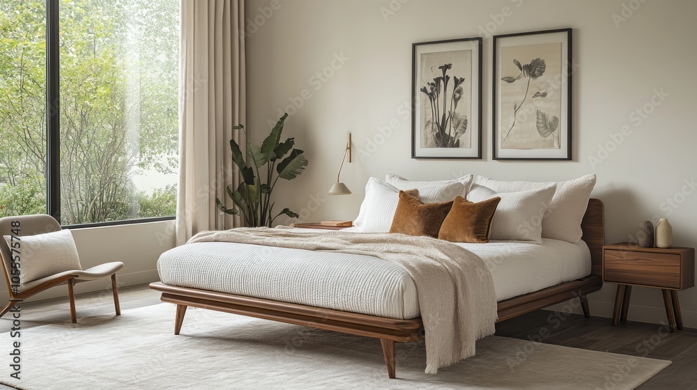 Fototapeta premium A refined bedroom with a focus on comfort and quality, featuring tailored linens, a sleek wooden bed frame, and subtle luxury elements like silk pillows