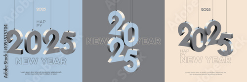 Concept of welcoming and celebrating new year 2025 with 3D hanging numbers on square template for calendar and social media post. Happy new year 2025