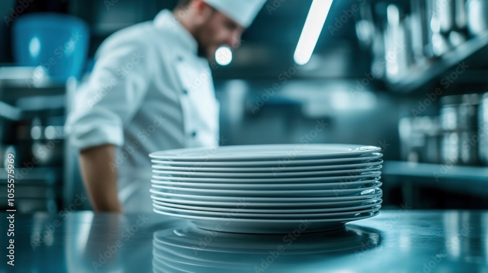 Professional Chef Preparing Plates in Restaurant Kitchen Professional Chef Preparing Plates in Restaurant Kitchen