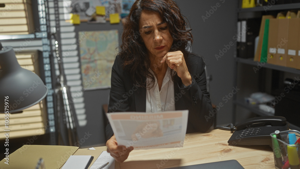 Middle-aged woman detective analyzes document in office setting, showcasing investigation and law enforcement theme.