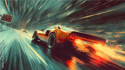 Retro-style car speeding in a neon-lit urban scene, perfect for vibrant and nostalgic automotive visuals.