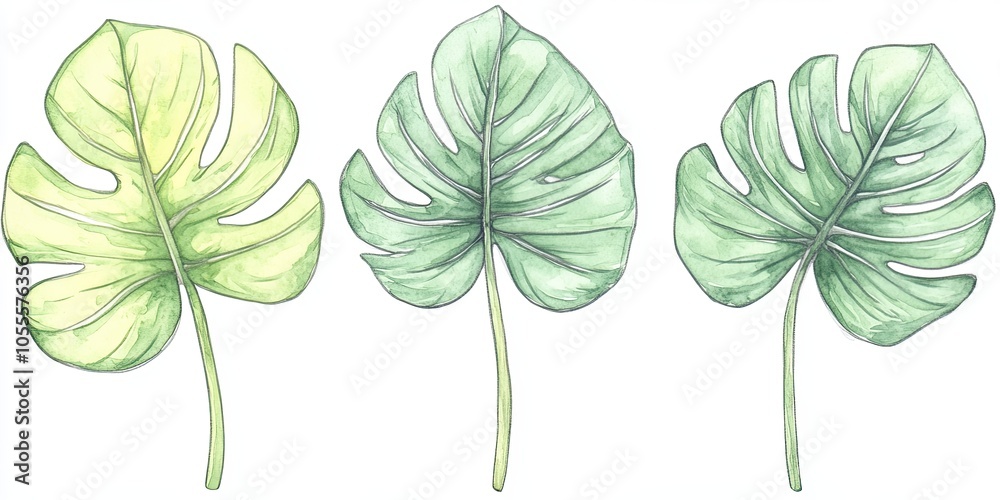 Fototapeta premium Watercolor illustration of tropical monstera leaves. Green foliage and botanical elements in hand art. Perfect for nature design, combines vibrant greenery with an artistic and decorative style.