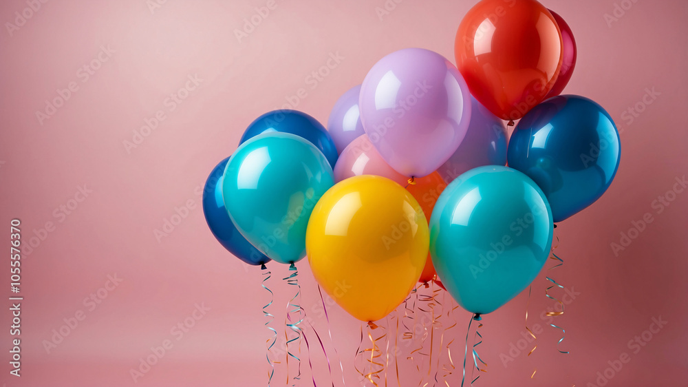 A grouping of assorted balloons set against a pink background, conveying a playful and festive atmosphere. A grouping of assorted balloons set against a pink background, conveying a playful and festive atmosphere.