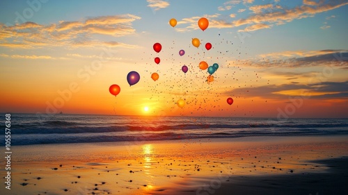 multi color party balloons released into the air, scattered, sunset, beach, AI Generative