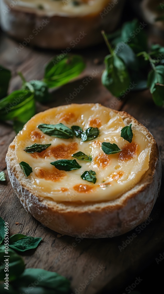 Melted Cheese Bread Appetizer with Basil on Wooden Board Melted Cheese Bread Appetizer with Basil on Wooden Board