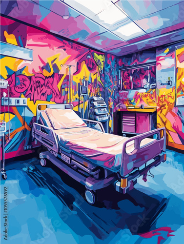 Graffiti-styled hospital ward with colorful urban art on walls. Ideal for modern or street art-inspired healthcare visuals.