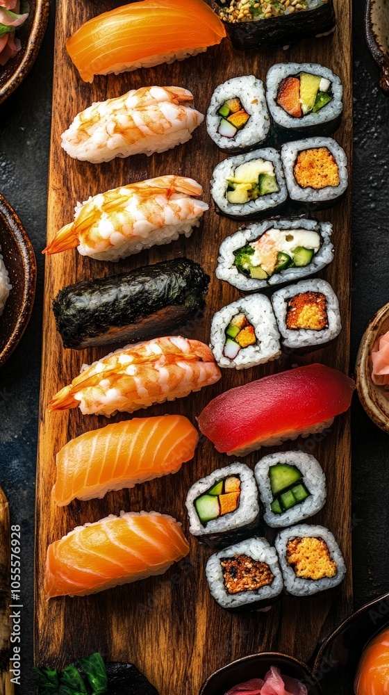 Sushi rolls arranged beautifully on a wooden board, fresh ingredients, vibrant colors Sushi rolls arranged beautifully on a wooden board, fresh ingredients, vibrant colors