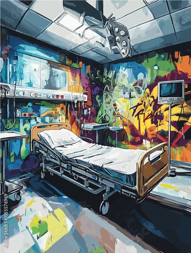 Street art-inspired hospital ward with graffiti walls in vibrant hues. Suitable for creative healthcare and urban art themes.
