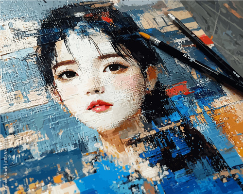 Detailed portrait with rich textures and brushstrokes, showcasing a young asian woman’s face with vibrant colors. Ideal for fine art lovers.