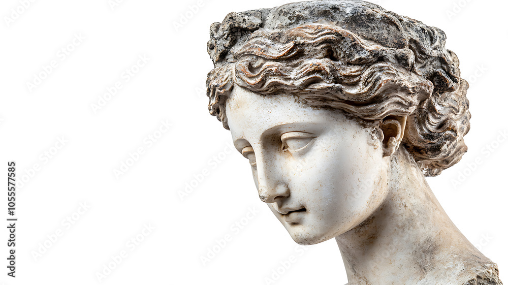 Gypsum reproduction of an ancient Venus statue head isolated on a white background, highlighting classical beauty and Greco-Roman art style.
