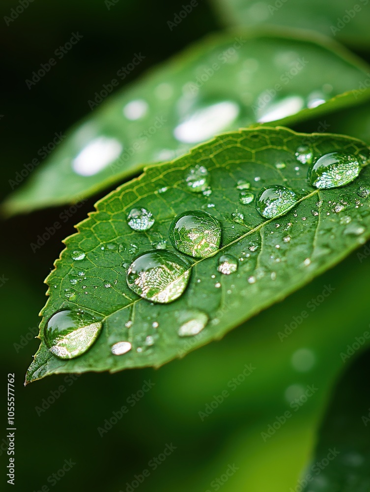 A high-definition macro photograph of crystal-clear water droplets delicately perched on the surface of a vibrant green leaf after a fresh rain. A high-definition macro photograph of crystal-clear water droplets delicately perched on the surface of a vibrant green leaf after a fresh rain.