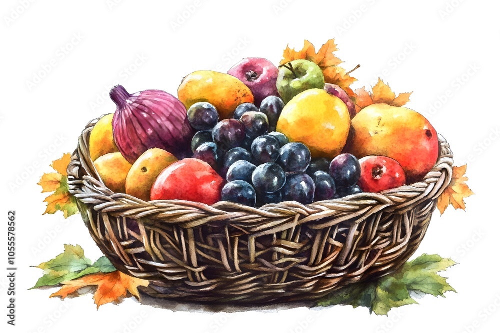 Watercolor Illustration of a Basket Full of Autumn Fruits Watercolor Illustration of a Basket Full of Autumn Fruits