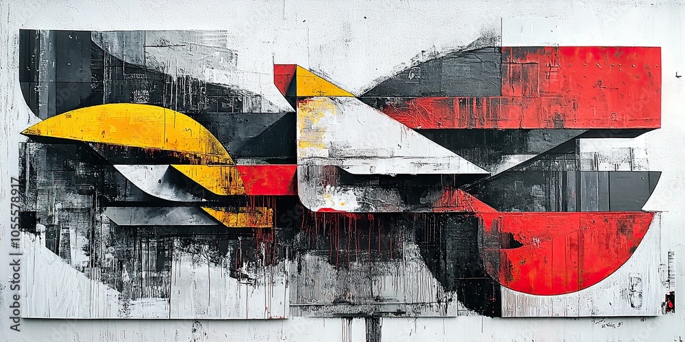 Naklejka premium A vibrant geometric abstract mural displays dynamic shapes and colorful elements. Textured, bold layers with urban flair and artistic composition. Modern art expression with layered forms urban