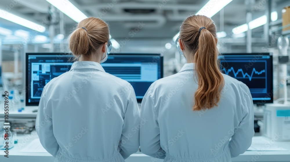 Obraz premium Two lab professionals in white coats observe data on monitors in a modern research facility, showcasing collaboration and technological advancement in science.