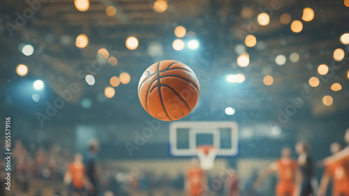 Close-up of a basketball in flight with a blurred competitive background, capturing the excitement and energy of a live game.
