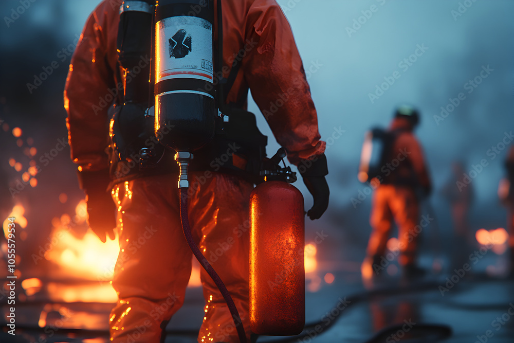 Firefighters wearing orange uniforms are fighting a burning fire with all their might, using special chemicals to control the fire. Firefighters wearing orange uniforms are fighting a burning fire with all their might, using special chemicals to control the fire.