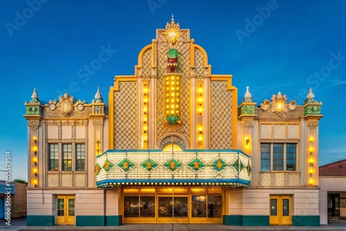 An old theater with restored Art Deco features, gleaming with intricate patterns and neon signs.

