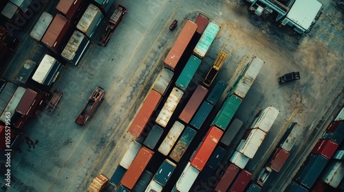 Aerial view of container yard with shipping containers of different sizes, logistics