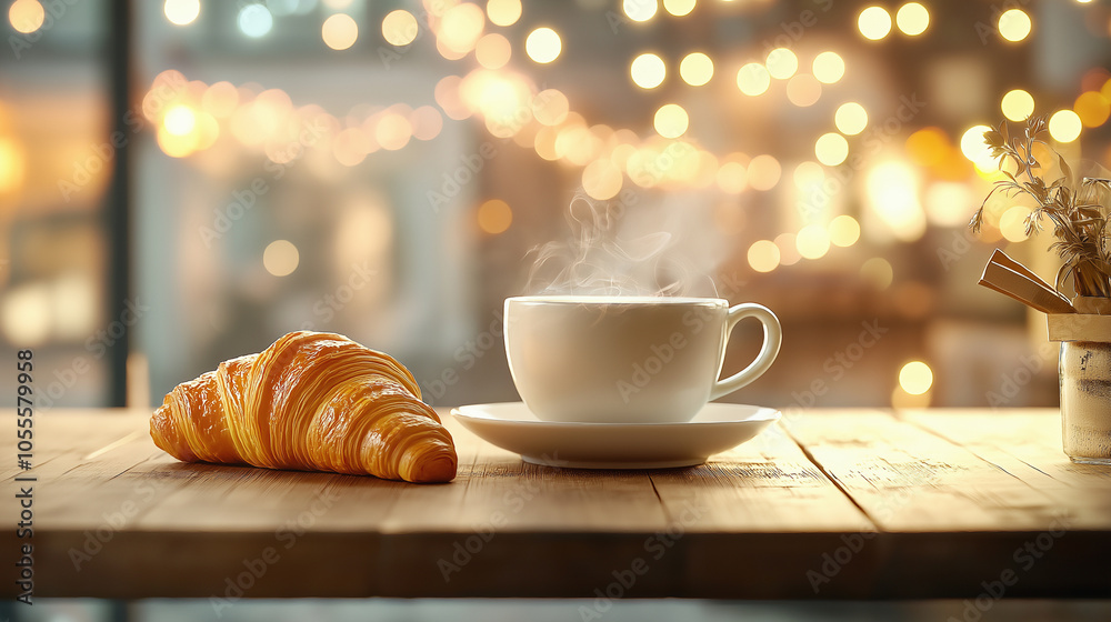 A cozy photo of a hot coffee cup and croissant on a wooden table in a cafe, warm and inviting, with soft lighting A cozy photo of a hot coffee cup and croissant on a wooden table in a cafe, warm and inviting, with soft lighting