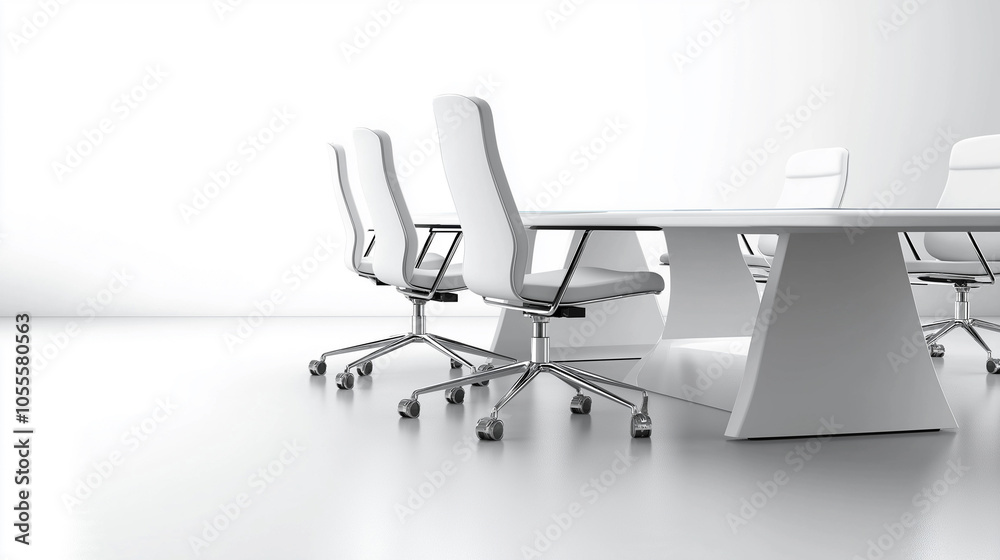A modern business meeting room with a large table and chairs, photographed against a clean white background A modern business meeting room with a large table and chairs, photographed against a clean white background