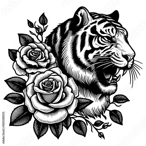 Wallpaper Mural roaring tiger surrounded by blooming roses, tattoo. Fierce wildlife with delicate floral elements sketch engraving generative ai PNG illustration. Scratch board imitation. Black and white image. Torontodigital.ca