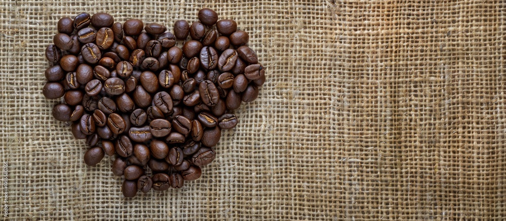 Coffee beans arranged in a heart shape on burlap fabric creating a background suitable for coffee related products in need of copy space image Coffee beans arranged in a heart shape on burlap fabric creating a background suitable for coffee related products in need of copy space image