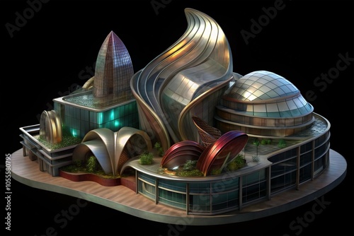 Buildings shaped like abstract sculptures, with organic curves and flowing forms.
 photo