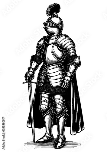 medieval knight in full plate armor, classic armor design with lion emblems sketch engraving generative ai fictional character PNG illustration. Scratch board imitation. Black and white image.