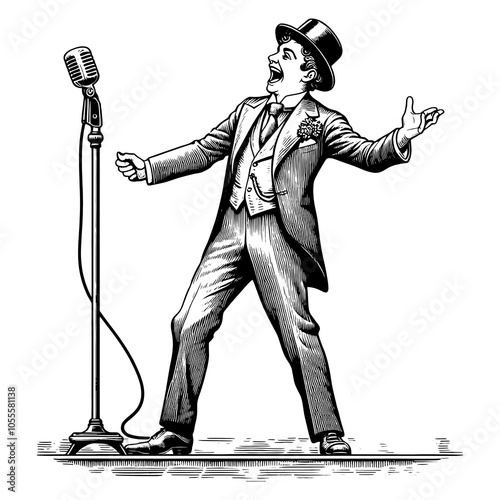 man in a suit performing stand-up comedy on stage, holding a classic microphone next to a stool sketch engraving generative ai PNG illustration. Scratch board imitation. Black and white image. photo