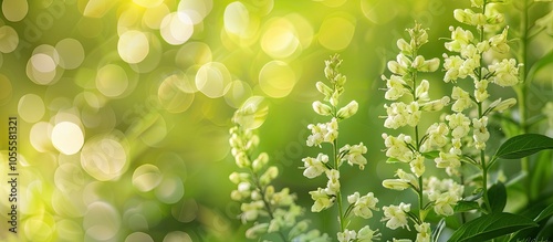 Selective focus on a green bokeh background showcasing white sweetclover flowers with copy space image of Melilotus albus photo