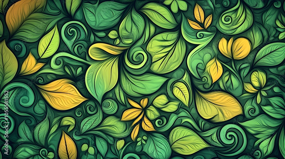 Playful Botanical Doodle Pattern with Swirling Leaves and Petals Playful Botanical Doodle Pattern with Swirling Leaves and Petals