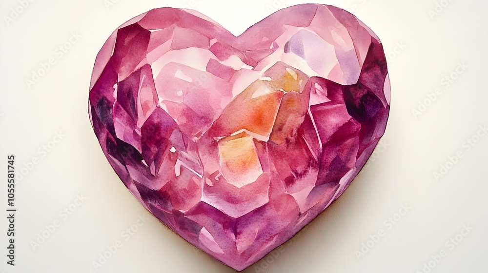 Elegant Pink Crystal Heart with Soft Rounded Curves in Watercolor Style Elegant Pink Crystal Heart with Soft Rounded Curves in Watercolor Style