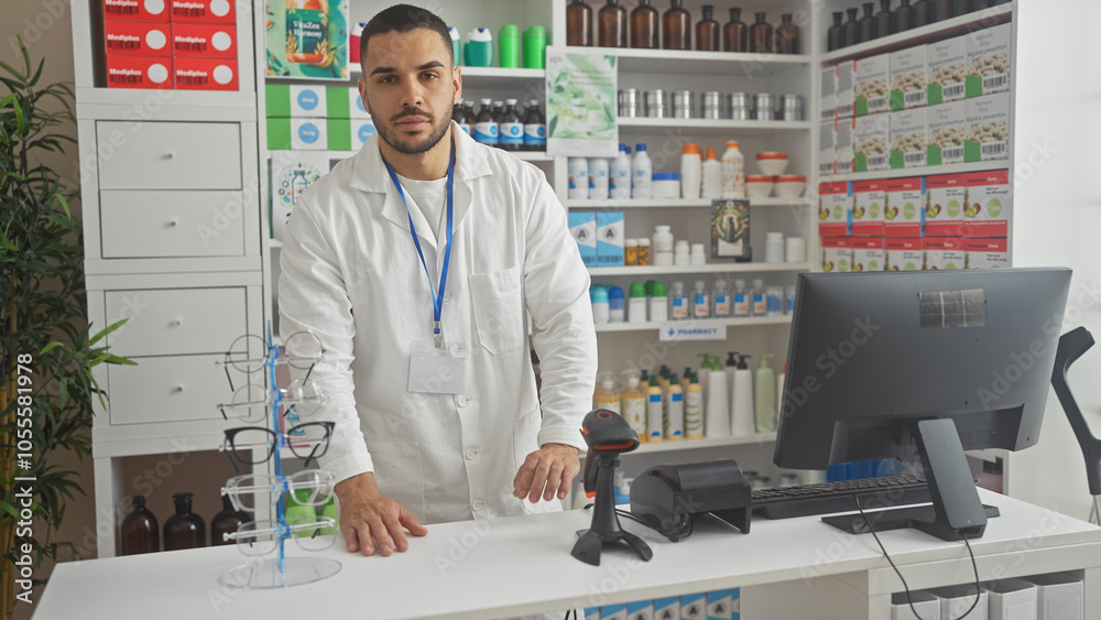 Handsome young hispanic male pharmacist working in a well-stocked indoor pharmacy Handsome young hispanic male pharmacist working in a well-stocked indoor pharmacy