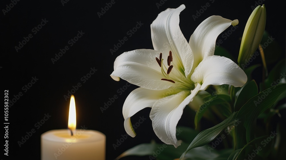 Obraz premium Elegant lily and lit candle against a dark backdrop providing space for text White blossoms for a memorial setting